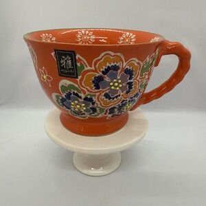 Yokohama Studio Hand-Painted Pottery Mug Orange‎ Floral Boho Chic Flower Power